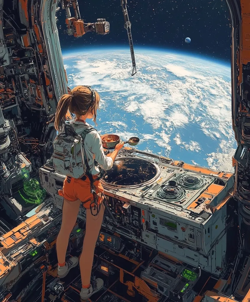 A young woman in a white shirt and orange shorts stands in a spaceship, gazing out a large window at Earth. The planet hangs in the blackness of space, with a faint blue glow around it. She holds a bowl of food in her hand, perhaps enjoying a meal with a stunning view. The spaceship is filled with complex machinery, and the scene evokes a sense of futuristic travel and exploration.