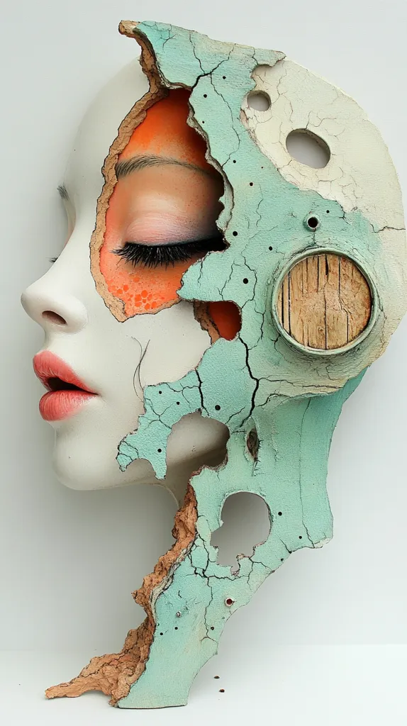 The sculpture is a close-up of a woman's face, with a broken, cracked, and layered surface. The cracks reveal the skin underneath, with some areas painted in a pale orange. The sculpture is a study in texture and contrast, highlighting the fragility of human skin and the resilience of the human spirit. The sculpture is a beautiful and thought-provoking piece of art.