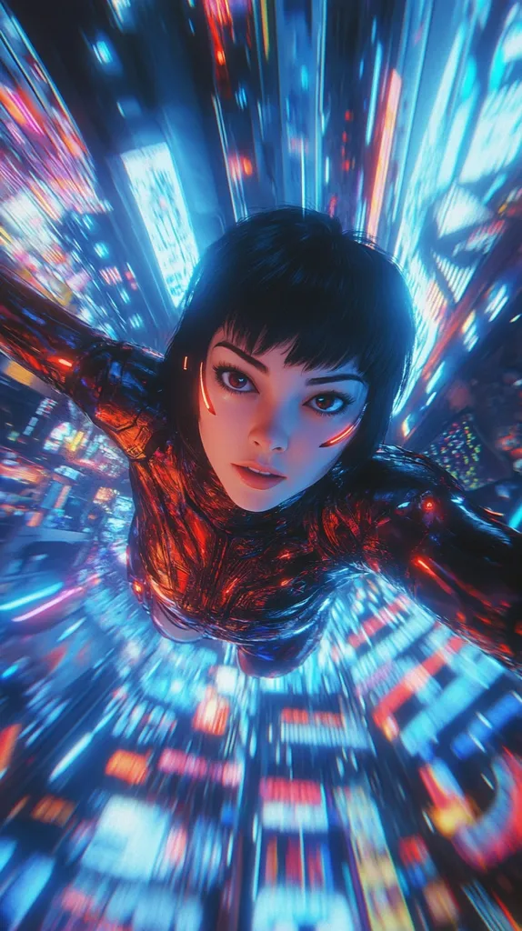 The image features a woman with black hair and a red and black outfit. She is looking directly at the viewer with a slightly surprised expression. Her face is framed by a blur of brightly colored lights, creating a sense of motion and speed. The overall effect is one of futuristic and dynamic energy, perhaps suggesting the woman is traveling through a virtual or digital environment.