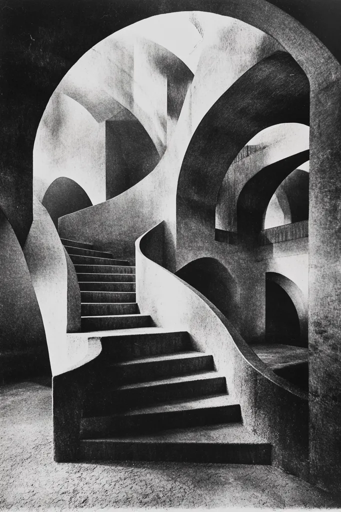 A black and white photograph of a staircase in a modern architectural structure. The stairs are concrete and have a curved shape. The image is composed of many different angles and shapes, creating a sense of depth and mystery. The lighting is low, creating shadows that enhance the dramatic effect. The photograph is a study in form and light, and it captures the beauty of modern architecture.