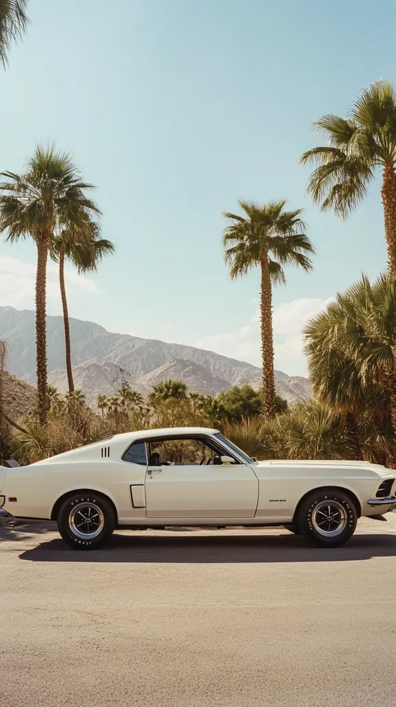 A classic white Mustang sits on a paved road with palm trees in the background. The car is facing the viewer, with the driver's side in focus. There are mountains in the distance, and the sky is a clear blue. The image evokes a sense of freedom and adventure.