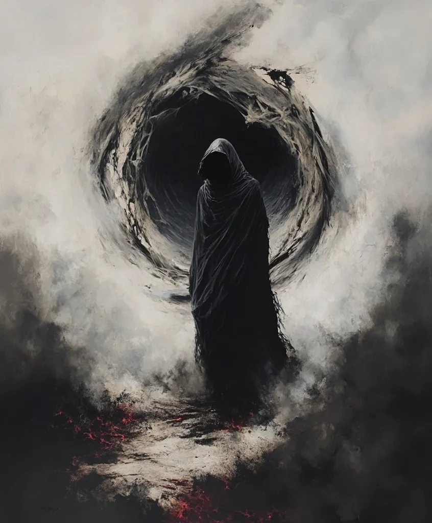 The image is a dark and moody painting depicting a hooded figure standing before a large, swirling black void. The figure is shrouded in darkness, their face obscured, and they stand against a backdrop of swirling smoke and mist. The image evokes a sense of mystery and unease, suggesting a journey into the unknown or a confrontation with something powerful and potentially dangerous. The dark void and the figure's silhouette create a stark contrast, emphasizing the ominous nature of the scene. The faint red glow on the ground suggests a sense of danger or possible violence. The overall tone of the painting is one of foreboding, creating a sense of anticipation and leaving the viewer to ponder the meaning behind the scene.