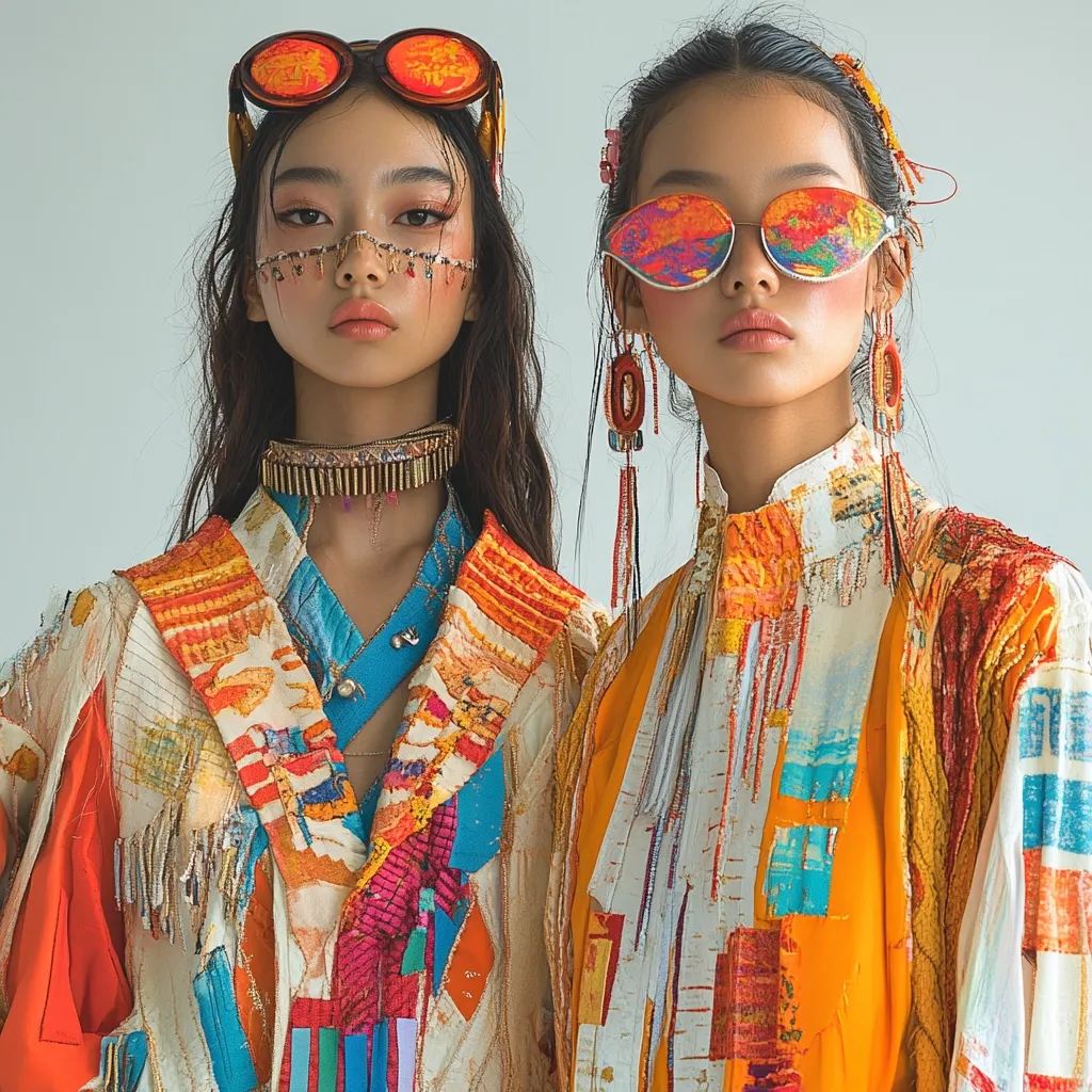 Two young women pose in brightly colored clothing. The woman on the left wears a patchwork jacket with bright orange, yellow, red, blue and white tones. She has long dark hair and wears funky futuristic glasses, a face mask of tiny beads, and a gold beaded choker. The woman on the right is wearing a loose white shirt with an orange overlay and colorful accents. She has a high collar and her long dark hair is pulled back. She is wearing large, bright rainbow-colored sunglasses and large dangling earrings. Both women are stylish and trendy.