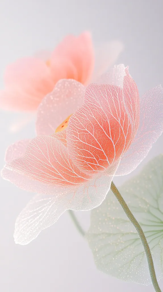 A delicate, translucent flower with delicate, intricate veins, and pale pink petals. The flower is partially obscured by a larger, soft, pale pink flower. The background is a soft, white, slightly blurred, suggesting a light and airy atmosphere. The image evokes a sense of fragility and ethereal beauty.