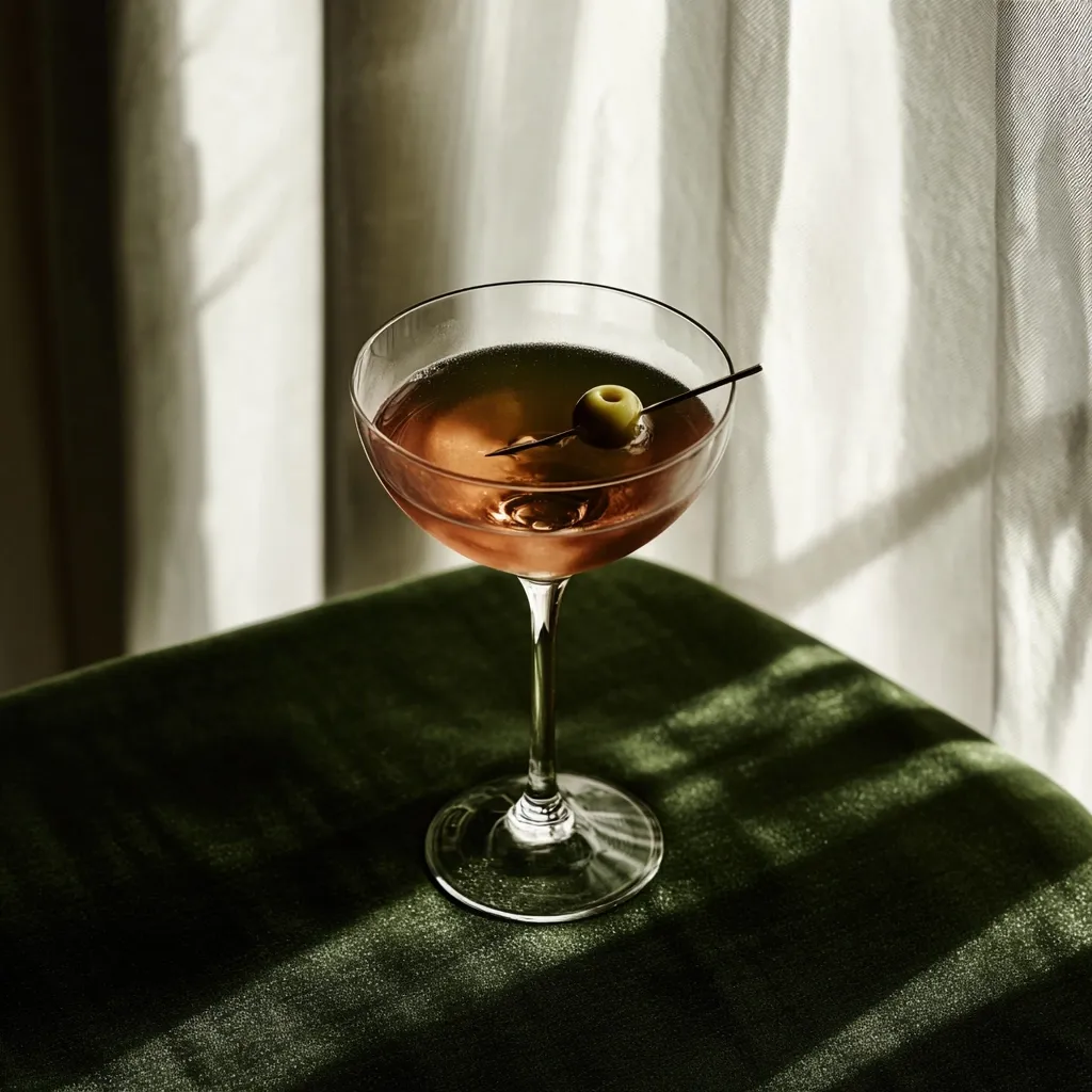 A martini glass filled with a dark amber liquid sits on a plush green surface. A single green olive, impaled on a toothpick, rests on the surface of the cocktail. Soft, natural light casts long shadows on the green fabric, adding depth and dimension to the scene. The minimalist setting and simple composition emphasize the elegance of the classic cocktail.
