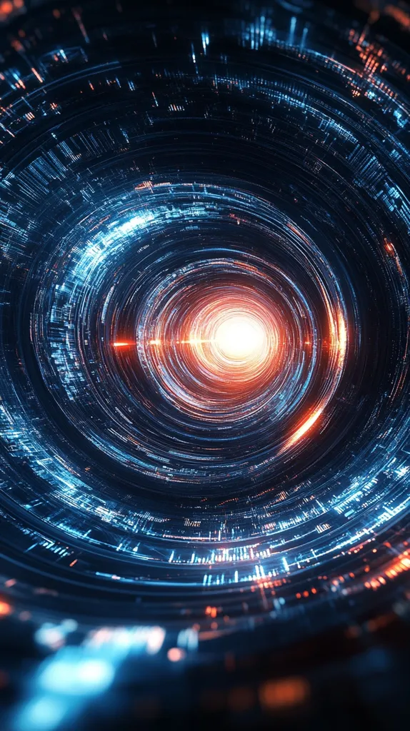 The image shows a futuristic, abstract design with a circular pattern of glowing blue and orange lines. The lines converge at the center, where a bright, white light emanates. The background is dark and blurred, adding to the sense of depth and mystery. The overall effect is one of technological advancement and the unknown.