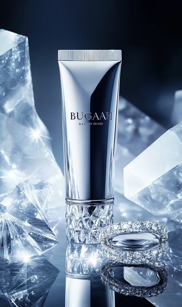 A silver tube of BugAan Gamine Seinee cream sits on a table surrounded by ice crystals. The tube is adorned with a diamond pattern and a silver cap. A diamond ring sits next to the tube, reflecting the light. The background is blurred with blue tones. The image evokes a sense of luxury and purity.
