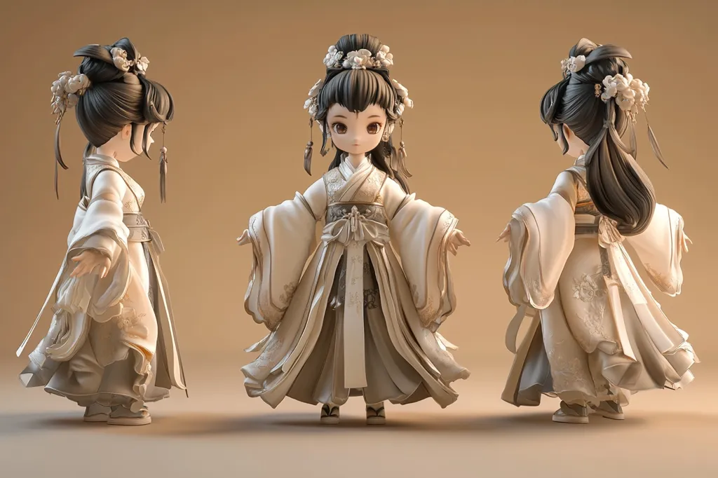 The image shows a 3D model of a young girl in a traditional Chinese dress. The model is rendered in a realistic style, with detailed textures and lighting. The girl has long black hair with a floral headband and her dress is adorned with intricate embroidery. She is posed in three different views, showcasing the details of the dress and her features.  The background is a soft, neutral brown.  The image is likely a work of art or a 3D design project.