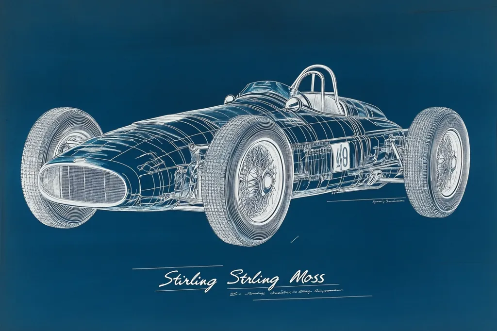The image is a blue and white line drawing of a vintage racing car. The car is in profile, with the front wheel and driver's side visible. The car is drawn in a detailed, technical style, with the engine, suspension, and other components clearly visible. The car's number, 48, is displayed prominently on the side of the car. The image is captioned "Stirling Stirling Moss."  The background is a deep, solid blue.