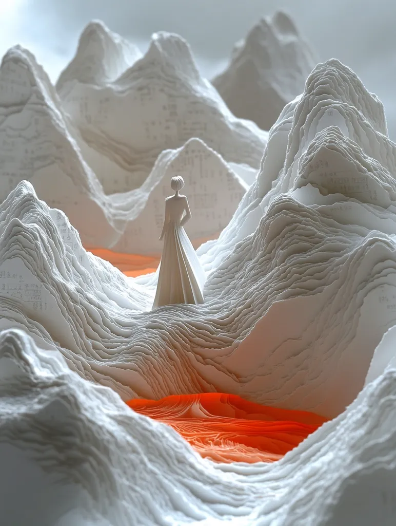 A white, paper-like landscape with a single figure standing on a peak. The figure is a woman in a long, flowing dress. There is a small orange pool of water at the base of the mountains. The image has a dreamlike and surreal quality. The mountains appear to be made of folded paper, and the woman seems to be a part of the landscape.  The composition is simple and elegant, with the woman as the focal point. The image evokes a sense of peace and tranquility.  The overall effect is one of beauty and wonder.