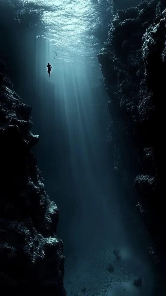The image shows a deep underwater cavern. Two shadowy figures are swimming in the center of the frame, with beams of sunlight illuminating the water from above. The surrounding walls of the cave are dark and rugged. The image is a mysterious and evocative portrayal of the hidden depths of the ocean.
