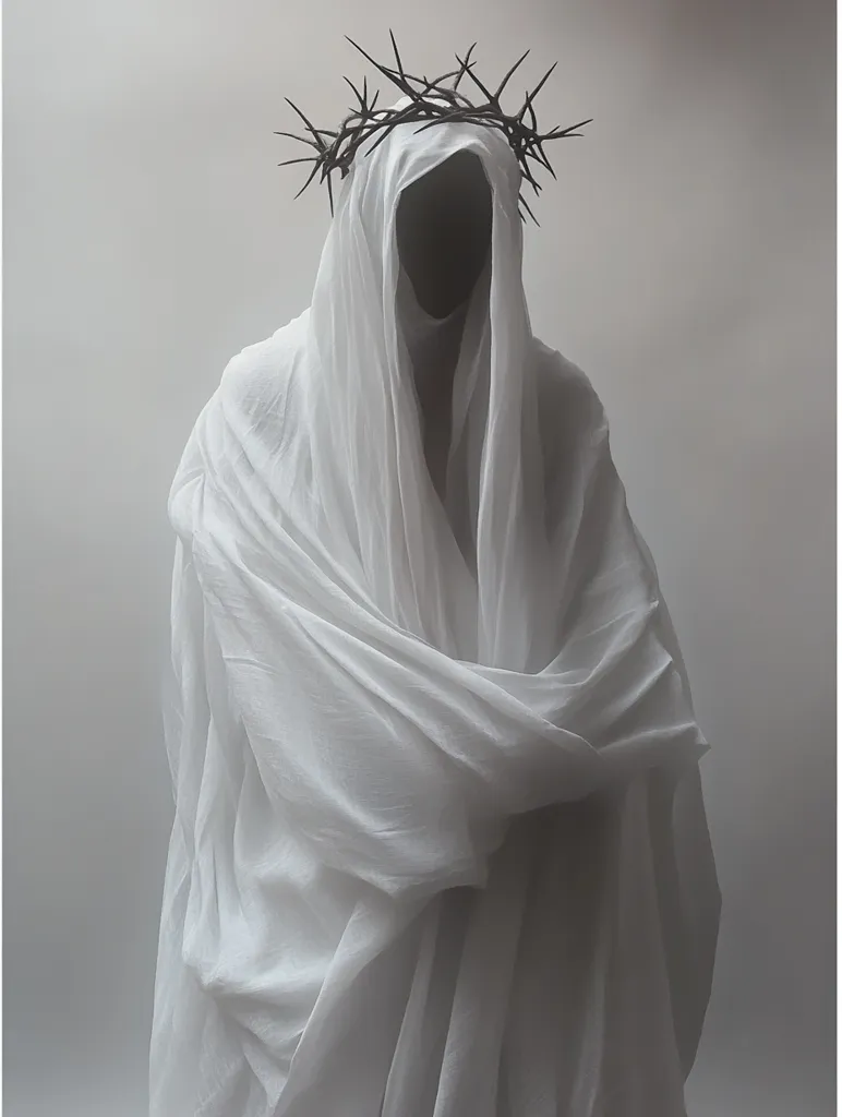 A figure draped in a white cloth, their face hidden, wears a crown of thorns. The image is monochromatic, with shades of grey and white dominating. The figure's posture is subtle, suggesting a sense of mystery and quiet contemplation. The crown of thorns adds a symbolic element, hinting at suffering or sacrifice. The overall atmosphere is somber and introspective.
