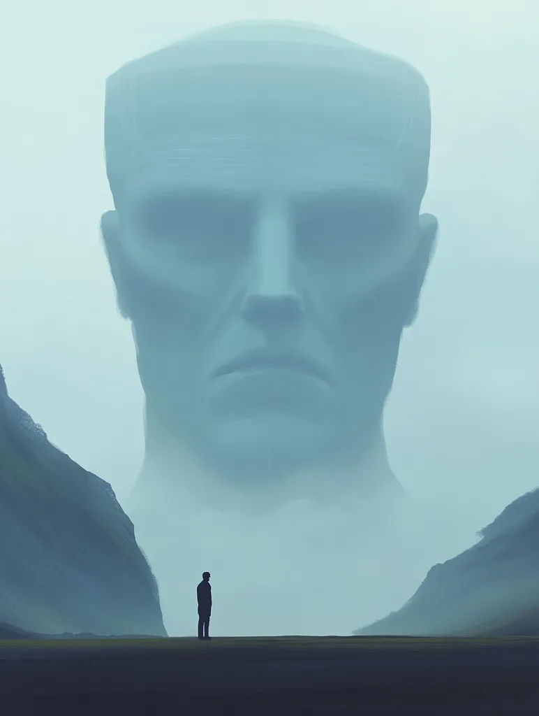 A lone figure stands on a misty plain, dwarfed by a colossal, ethereal head that looms above. The head, carved from the fog itself, gazes down with a melancholic expression. The scene evokes a sense of awe and insignificance, suggesting a confrontation with something vast and unknowable. The soft, muted colors and blurred details add to the dreamlike quality of the image.