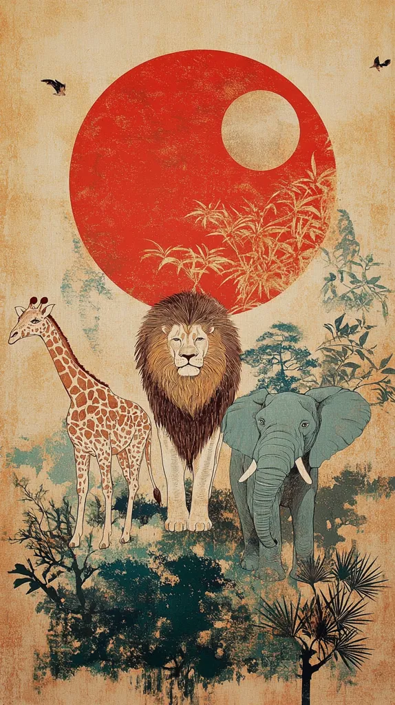 The image depicts a large red sun in a brown, vintage-style background. Three animals stand in front of the sun: a giraffe, a lion, and an elephant. The animals are facing forward and are surrounded by foliage and trees. A small bird flies in the upper left corner and another one in the upper right corner. The image is stylized and has a whimsical feel.