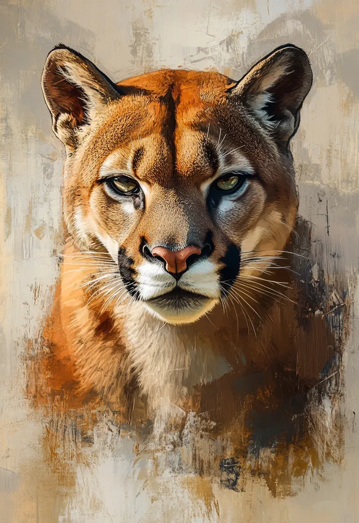 The image is a close-up painting of a cougar's face. The cougar is looking directly at the viewer with an intense gaze. Its fur is a mix of brown, orange, and black, and its eyes are a piercing green. The background is a muted brown and gray, with brushstrokes that give the impression of a textured canvas. The overall tone of the image is one of power and intensity, with the cougar's gaze commanding attention.