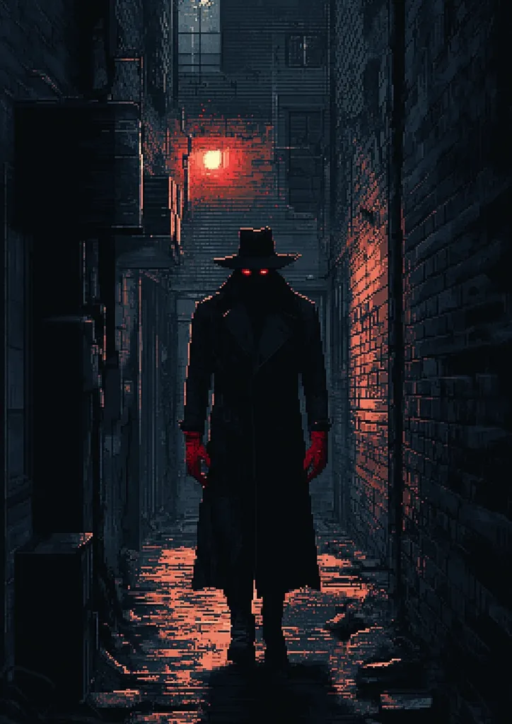 A shadowy figure in a long coat and hat stands in a dark alleyway.  The figure's red eyes glow in the dim light emanating from the end of the alley. Brick walls line the sides of the alley, creating a sense of confinement and mystery.  The figure's presence creates a sense of unease and anticipation.  The overall atmosphere is dark, ominous, and slightly unsettling.