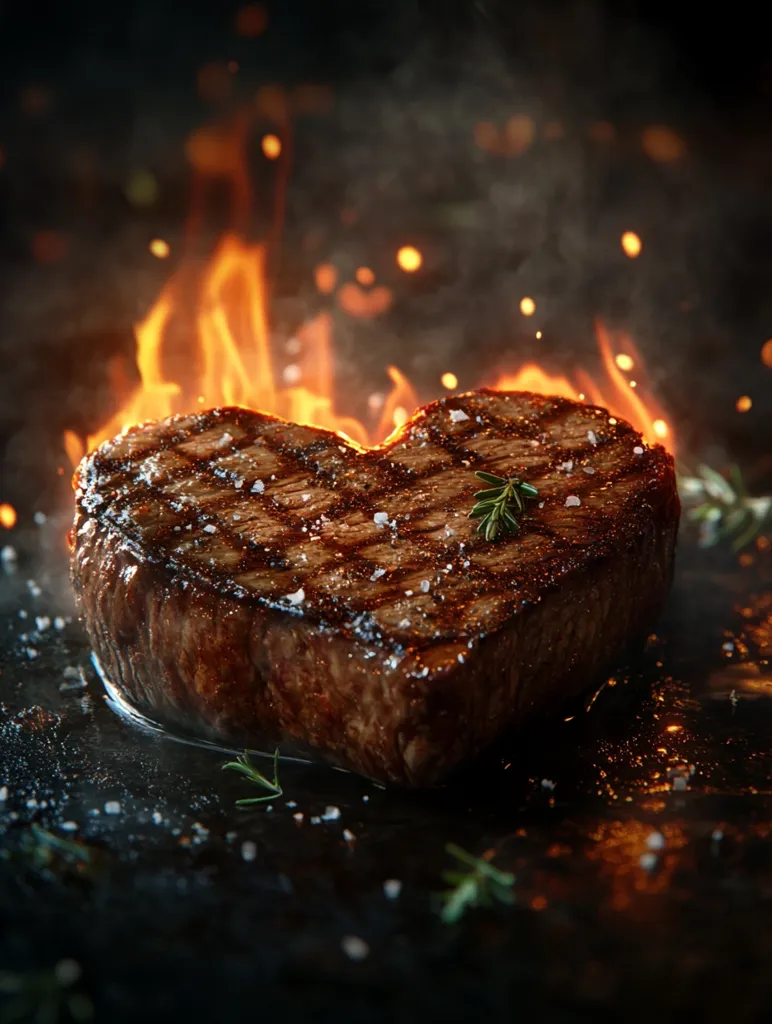 A perfectly grilled steak, shaped like a heart, sits on a dark surface. The steak is glistening with juices and seasoned with salt and herbs. Flames lick at the edges, creating a dramatic and mouthwatering scene. The image captures the essence of a delicious meal, showcasing the beauty of simple yet satisfying cuisine.
