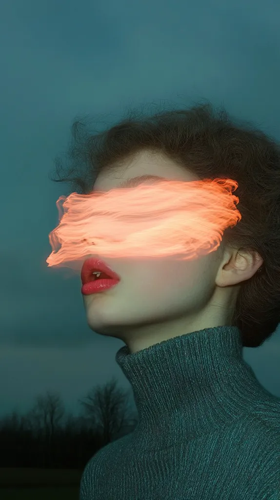 A woman with long brown hair, wearing a dark green turtleneck sweater, is shown with a bright orange light streak across her face. The light streak partially covers her eyes, creating a dramatic and ethereal effect. The background is a blurred, out-of-focus image of a green forest with a dark blue sky. The woman's lips are painted a vibrant red.