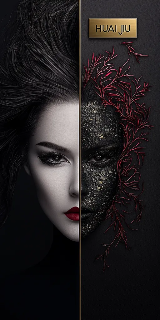 The image is a close-up portrait of a woman with dark hair. Her face is split in two, one half is made up with a soft, natural look, while the other half is covered in intricate, dark, textured makeup and a golden design. The background is a dark, almost black, with a single, gold-trimmed rectangle that reads "HUAI JIU" in the upper right corner. The dark side of her face is adorned with a cluster of delicate, red, leaf-like patterns.  The image has a mysterious and alluring vibe.
