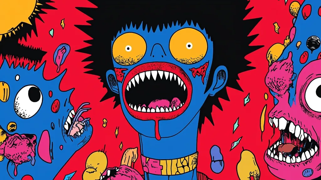 The image features three cartoon monsters with exaggerated features. A blue monster with spiky hair and sharp teeth is in the center, screaming with its mouth wide open. On the left is a blue monster with a large eye and a sharp mouth, and on the right is a pink monster with a large eye and sharp teeth, both with their mouths open in a screaming pose. The background is a vibrant red with scattered yellow and blue shapes. The image is drawn in a comic book style with bold lines and bright colors.  The image appears to be a depiction of chaotic energy and aggression.