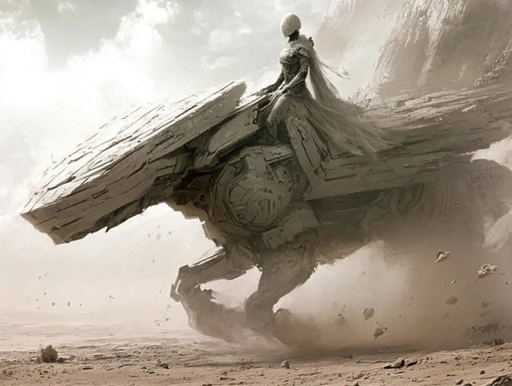 A large, futuristic, stone-like vehicle is shown running through a desolate, dusty landscape. A humanoid figure with flowing robes sits atop the vehicle, looking forward. The sky is cloudy and gray, and the image is rendered in a muted, almost monochromatic palette.  The scene has a sense of mystery and adventure.