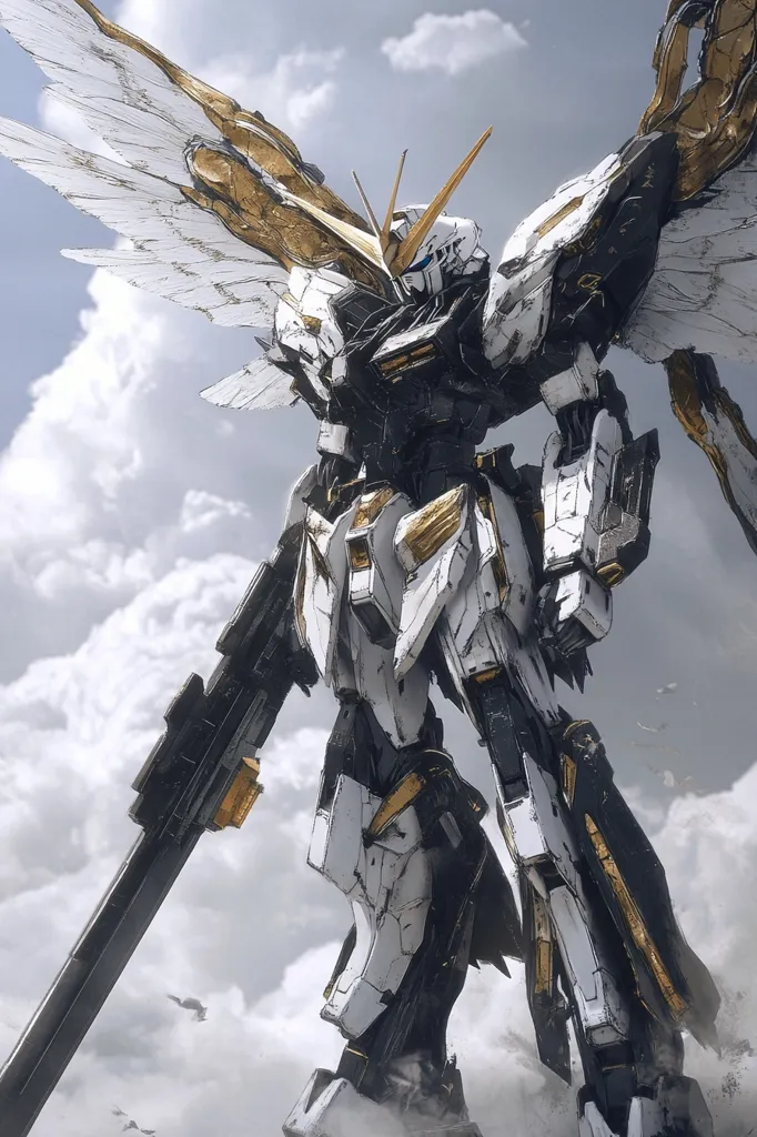 The image depicts a large, white, and gold humanoid robot with intricate details and black accents. The robot has large, feathered wings spread out behind it, giving it a majestic appearance. The robot holds a large, black weapon in its right hand, and its left hand is clenched in a fist. The robot stands against a backdrop of clouds, suggesting a powerful and heroic presence. The image is likely from a science fiction or fantasy setting.