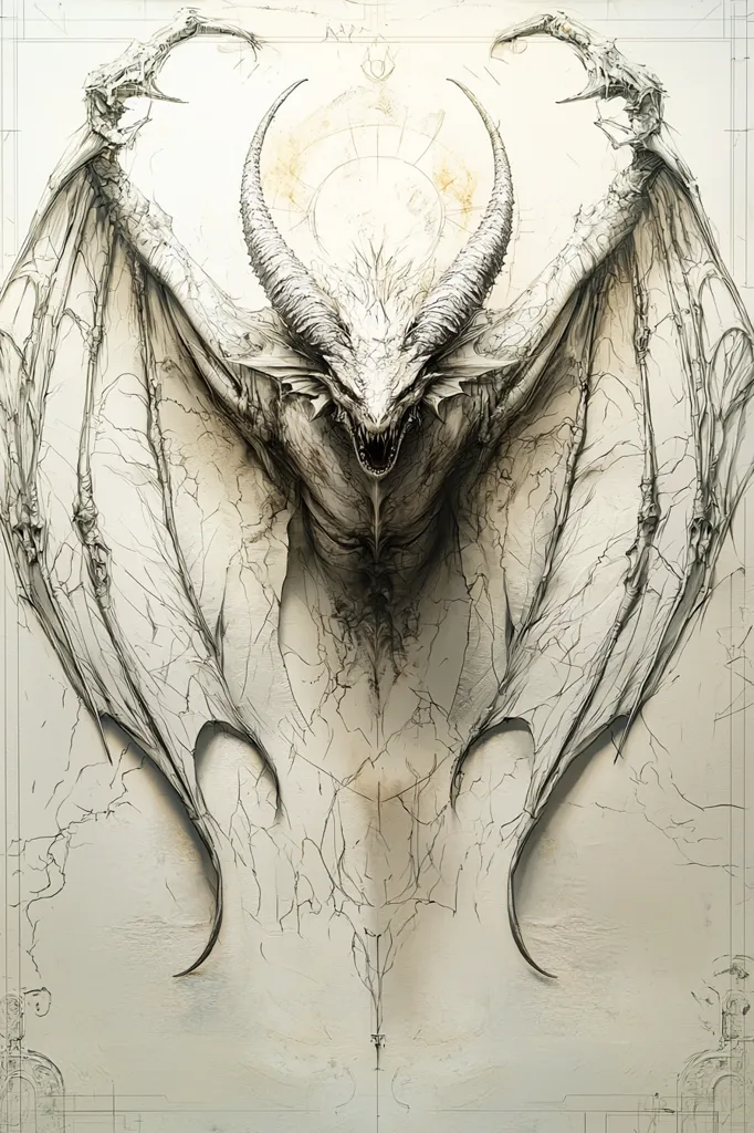 The image depicts a detailed pencil drawing of a dragon. The dragon has long, sharp horns, a fierce expression, and large, intricate wings. The wings are spread wide, with delicate veins and feather-like structures. The dragon is rendered in shades of gray, creating a sense of depth and realism. The background is a light, textured surface that appears to be a drawing or blueprint. The image is captivating in its detail and evokes a sense of both beauty and power.