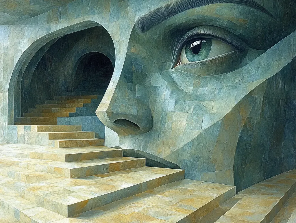 The image is a surreal composition of a giant stone face and a set of stairs leading to a dark opening. The eye of the face is large and detailed, with an intense gaze. The stonework is intricate and textured, suggesting a mysterious and otherworldly environment. The image evokes a sense of wonder and the unknown.