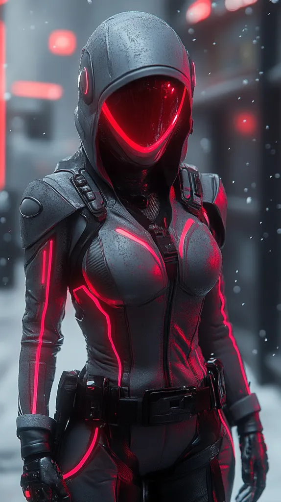 A futuristic female figure, clad in a sleek black suit accented with vibrant red glowing lines. Her face is obscured by a helmet with a red visor, creating an enigmatic and powerful presence. The backdrop features a blurred cityscape with hints of snow falling, adding to the atmospheric and futuristic feel.  She appears to be ready for action, her pose suggesting strength and determination.  The image exudes a sense of mystery and advanced technology.