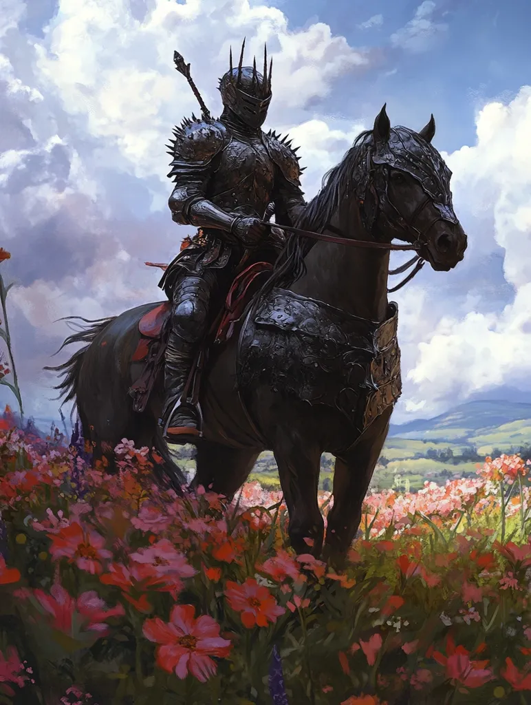 A knight in black armor, with a spiked crown and a sword, rides a black horse through a field of pink wildflowers.  The knight's armor is intricately detailed, with many spikes and adornments. The horse is also adorned with armor, and its mane is flowing in the wind. The field is full of flowers, and the sky is a light blue with fluffy white clouds. The scene is both majestic and slightly eerie, with the knight's dark armor and the ominous crown contrasting with the vibrant colors of the flowers. The knight seems to be riding toward the distant hills, perhaps on a quest or a journey of some kind. The image evokes a sense of adventure and mystery.