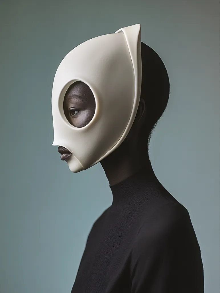 The image shows a person wearing a large, white, mask that covers most of their face. The mask has a single, large, oval-shaped opening for the eye. The person is wearing a black turtleneck sweater and is facing to the left. The background is a muted, blue-grey. The image has a futuristic, minimalist feel.