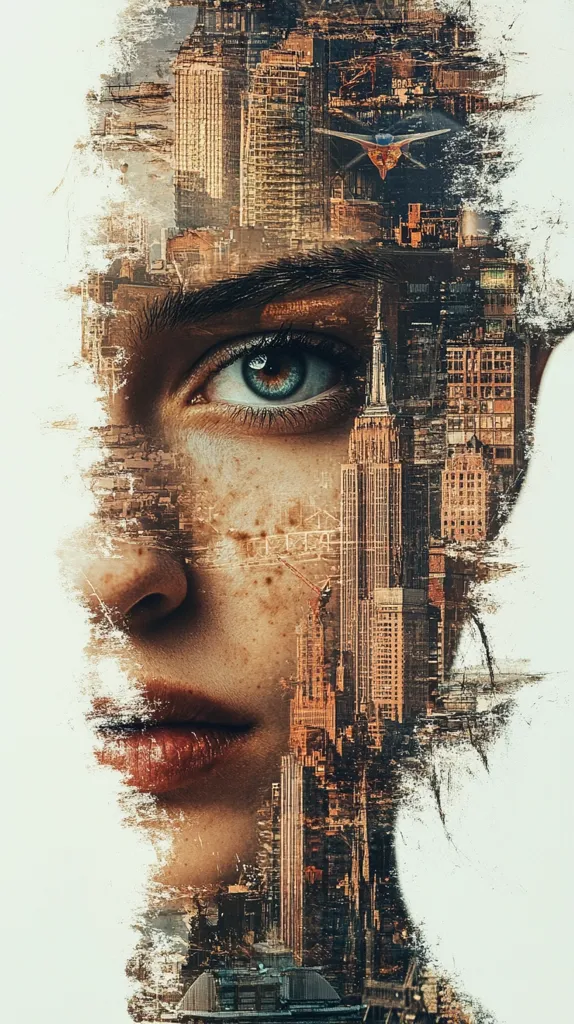 The image shows a woman's face, partially obscured by a cityscape. The woman's eye is the most prominent feature, with a bright blue iris and a long, dark lash line. Her face is covered in freckles, and her lips are slightly parted. The cityscape appears to be superimposed over her face, with tall buildings and a plane flying overhead. The image is rendered in a painterly style, with strokes of color giving the impression of depth and texture. The image evokes a sense of mystery and intrigue.