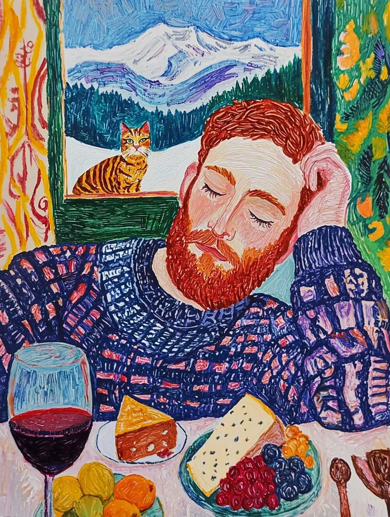 A man with red hair and a thick beard is sleeping in a window seat. He is wearing a blue and pink sweater, and a cat is sitting in the window behind him. The scene is painted in a colorful, impressionistic style. There is a glass of red wine, a slice of cake, and a plate of cheese and fruit on the table. The window overlooks a snowy mountain landscape.