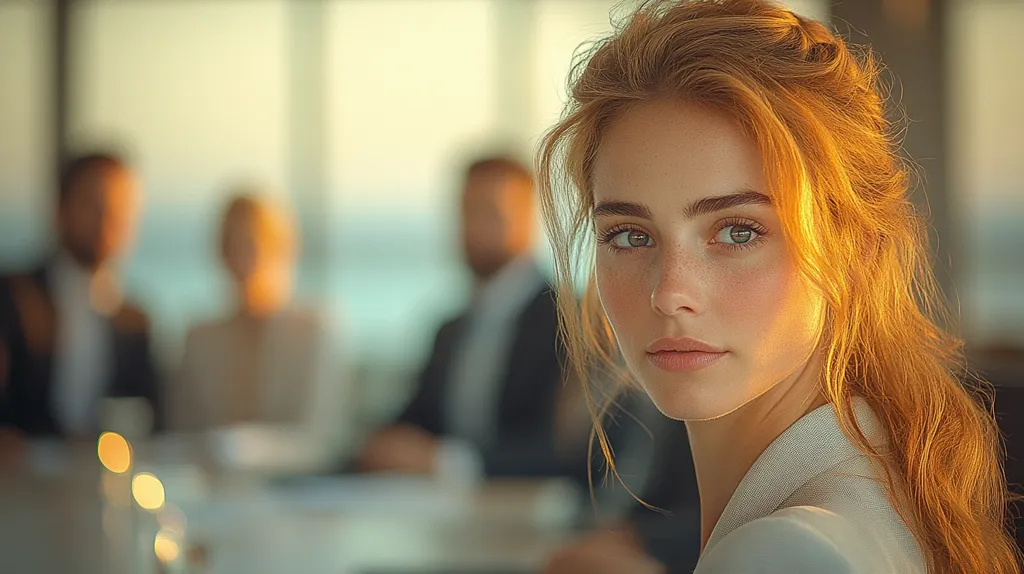 A young woman with long red hair and freckles is the focus of the image. She wears a white blazer and looks directly at the viewer with a serious expression. She is sitting at a table in an office with two other people out of focus in the background. The warm light from a window illuminates the woman's face, creating a soft and golden glow.