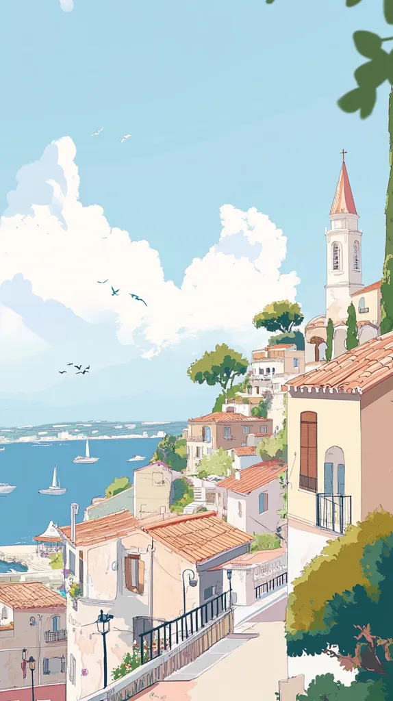 The image depicts a quaint, colorful town nestled on a hillside, overlooking a sparkling blue sea. The sky is a clear, bright blue dotted with fluffy white clouds. A tall, white church tower stands proudly in the center, its spire reaching towards the heavens. The houses are painted in warm pastel hues, with terracotta roofs, and charming balconies adorned with flowers. The scene is bathed in warm sunlight, creating a serene and inviting atmosphere.