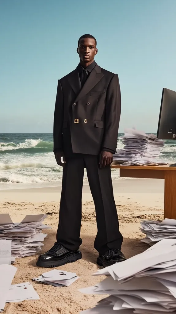 A young man in a black suit and black shoes stands on a sandy beach.  The sea is in the background, with a desk covered in stacks of paper behind him. The man looks directly at the camera, with a serious expression. The image creates a surreal contrast between the formal attire and the casual beach setting.