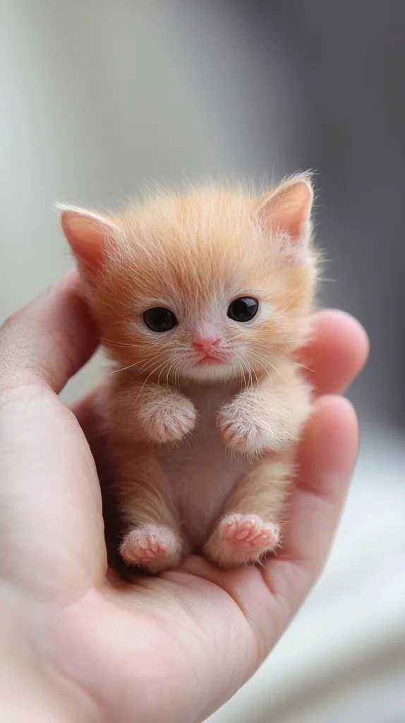 A tiny, light-orange kitten with big, dark eyes is held gently in an outstretched hand. Its fur is fluffy and soft, its paws are small and pink, and its eyes look wide and innocent. The kitten's expression is sweet and innocent, and it looks like it could fit in the palm of your hand.