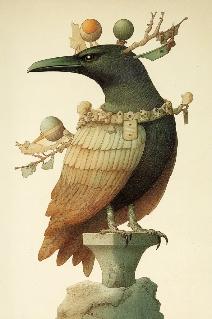 A detailed illustration of a black crow perched on a stone pedestal. The crow has a long, pointed beak and dark plumage. It is adorned with various trinkets, including a necklace of small skulls, a metal buckle, and a small branch with a couple of leaves and a couple of spherical ornaments. The bird is surrounded by a light beige background. The illustration captures the crow's sharp features and intricate details with a surreal, almost symbolic touch.