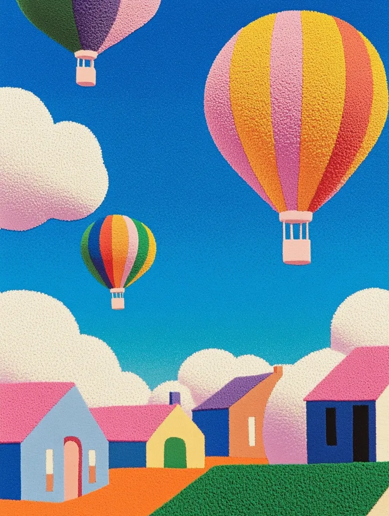 A vibrant illustration of a whimsical landscape with three hot air balloons floating against a bright blue sky dotted with fluffy white clouds. The largest balloon is a striking mix of pink, yellow, and orange stripes. Below, a row of colorful houses with rounded roofs sit on a lush green hill, adding a touch of charm and playfulness to the scene. The image has a pixelated, textured style, creating a unique visual appeal.