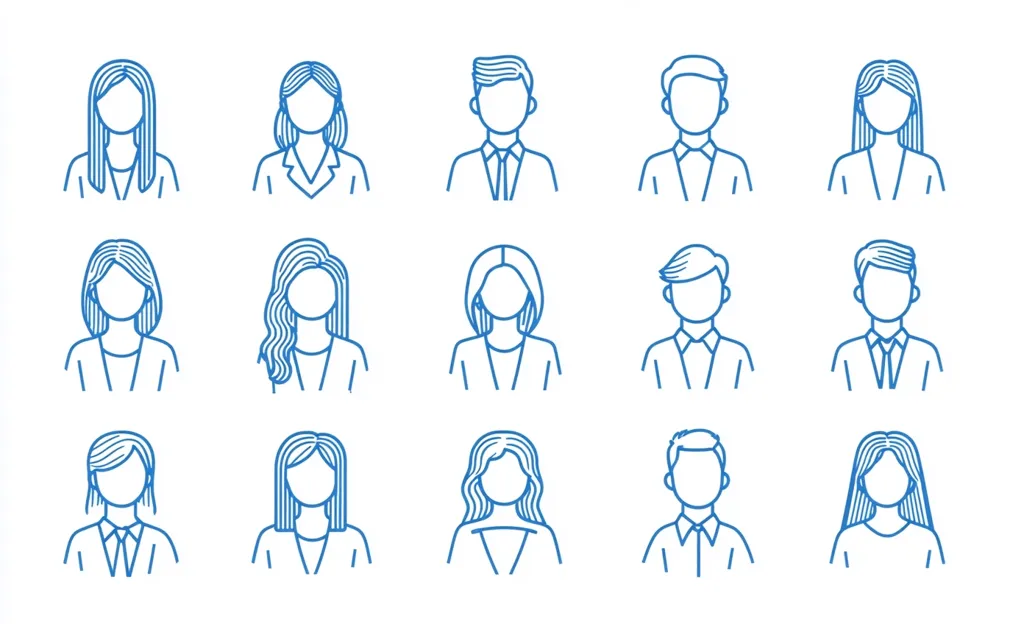 The image contains 12 blue outlined avatars of people with various hairstyles. The avatars are arranged in three rows of four. There are six female avatars and six male avatars. The avatars are simple line drawings with no facial features.