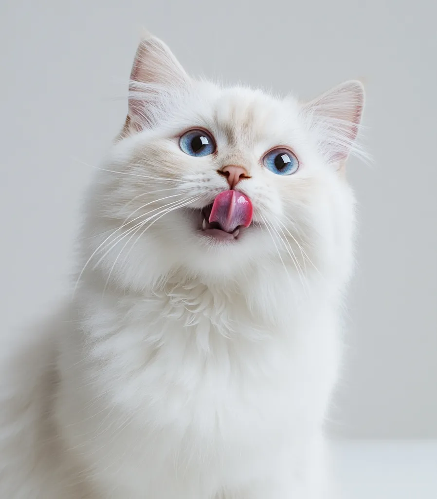 A fluffy white cat with blue eyes and pink nose is licking its lips. The cat is looking up with a curious expression. Its fur is soft and thick, and its eyes are wide open. The background is a plain white wall.  The photo is taken from a low angle, and the cat is filling the frame.  The image is well-lit and the cat is in focus.