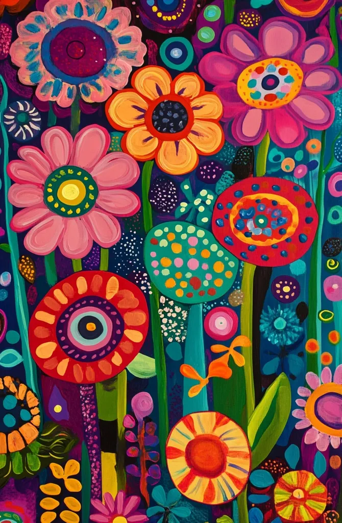 The painting features a vibrant garden of stylized flowers. It is a colorful, abstract representation of a garden filled with flowers in various shades of red, yellow, pink, and green against a dark blue background. The painting uses bold strokes and geometric shapes to create a whimsical and joyful atmosphere. The flowers are large and prominent, with intricate details like polka dots, stripes, and swirls.  The painting seems to celebrate the beauty and vibrancy of nature, with a playful and energetic touch.
