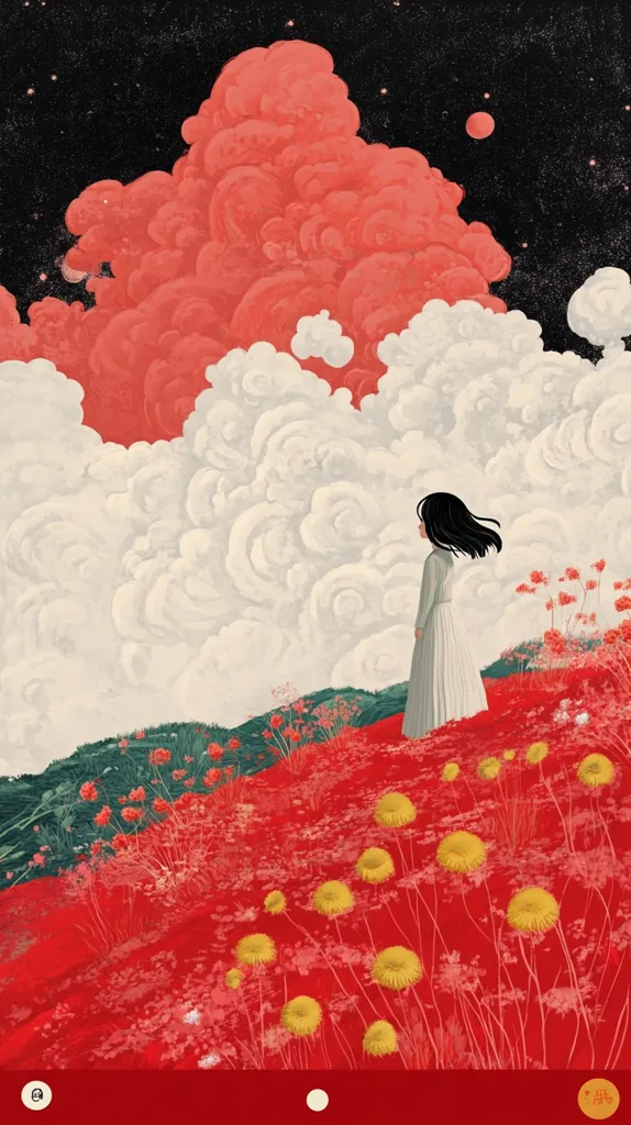 The image is a surreal landscape with a woman standing in a field of red flowers and looking up at a sky filled with fluffy white and pink clouds. The background is a dark blue night sky with a single red planet. The image evokes a sense of wonder and mystery.  The soft colors and whimsical style create a dreamy and ethereal atmosphere.