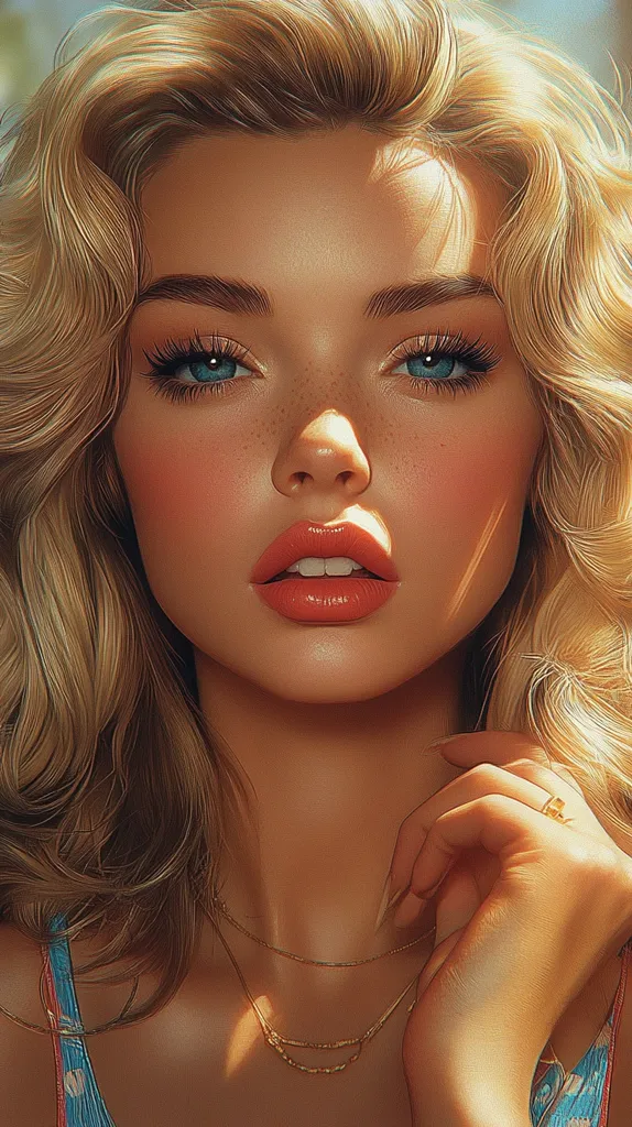A young woman with long blonde hair, styled in soft waves, gazes directly at the viewer. Her skin is smooth and glowing, with freckles scattered across her cheeks. Her eyes are a bright blue, with long eyelashes, and her lips are painted a vibrant coral shade. The sunlight casts a warm glow across her face, highlighting her features. She wears a delicate gold necklace and a ring on her right hand.  The image evokes a sense of beauty, innocence, and summery warmth.