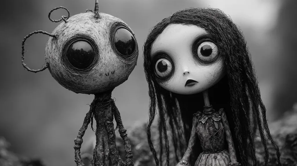The image shows two dolls, a girl with long black hair and a strange alien-like creature. They both have large eyes and an eerie appearance. The girl's face is pale and her hair is matted. The creature has a large head and thin arms and legs. The image is in black and white, creating a stark and unsettling mood.