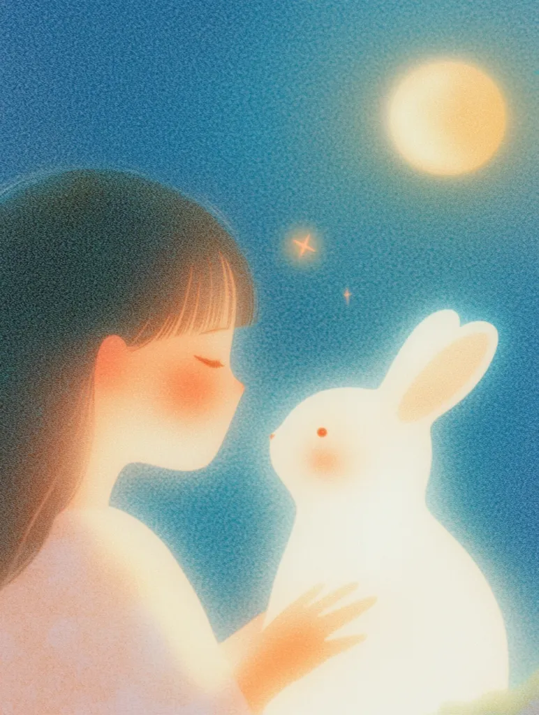 The image depicts a young woman with long dark hair, holding a white rabbit in her arms. She is smiling and looking at the rabbit with affection. The background is a soft blue sky with a bright moon and stars. The overall feeling is one of gentleness and love. The image is stylized with a soft, dreamy aesthetic.