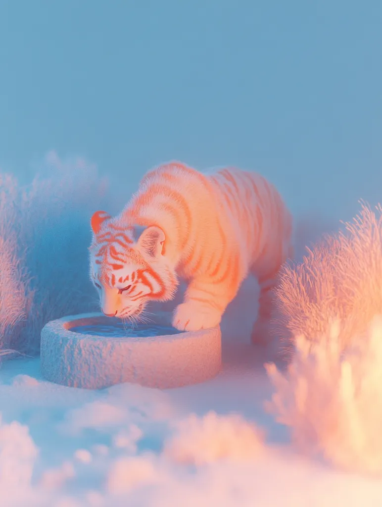 A white tiger cub with orange stripes bends down to drink from a stone bowl in a snowy, hazy environment. The cub's fur glows in a soft, peachy light, creating a whimsical and ethereal atmosphere. The image is captured from a low angle, emphasizing the cub's size and vulnerability.
