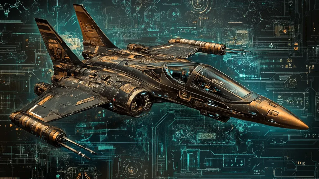 The image shows a futuristic spaceship with a sleek, angular design. It is painted in a dark metallic color with accents of gold, and its cockpit is visible. The spaceship is flying against a background of glowing, blue and green digital circuitry, which suggests a high-tech, technologically advanced setting. The image evokes a sense of speed, power, and futuristic adventure.