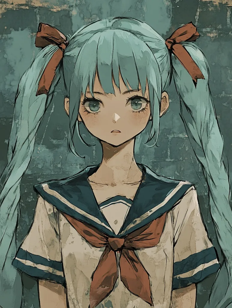 The image depicts a young girl with long, flowing turquoise hair tied in pigtails with red bows. She wears a white sailor uniform with blue trim and a red bow tie. Her expression is serious, with slightly furrowed brows and a hint of sadness in her eyes. The background is a blurred, textured surface, creating a sense of depth and atmosphere. The overall impression is one of melancholy and introspection.  The illustration style is reminiscent of anime and manga, with soft lines and subtle shading. The focus on her face suggests the importance of her emotions and inner world.  The muted colors contribute to the melancholic mood of the image.
