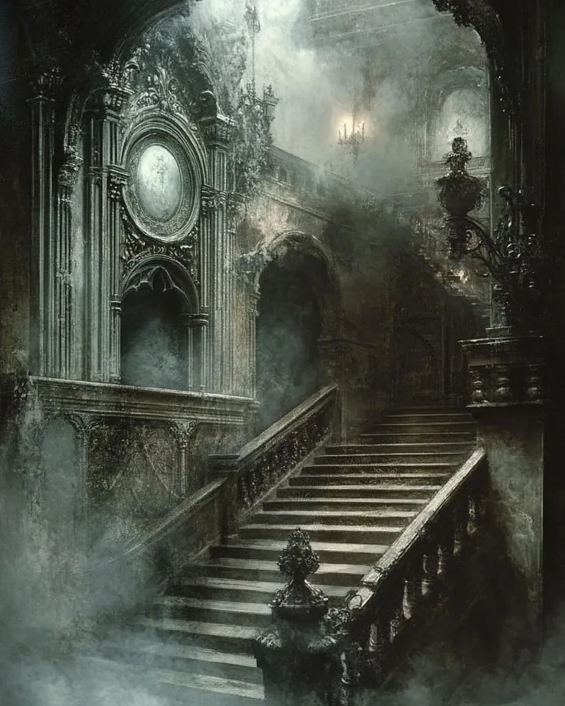 The image depicts a grand, ornate staircase leading upwards in a gothic-style building. The architecture is intricate and detailed, with a clock face on the wall and intricate carvings throughout. A thick fog fills the space, adding to the mysterious and eerie atmosphere. The lighting is dim, casting long shadows and highlighting the depth of the architecture. The image evokes a sense of mystery, history, and perhaps even danger.